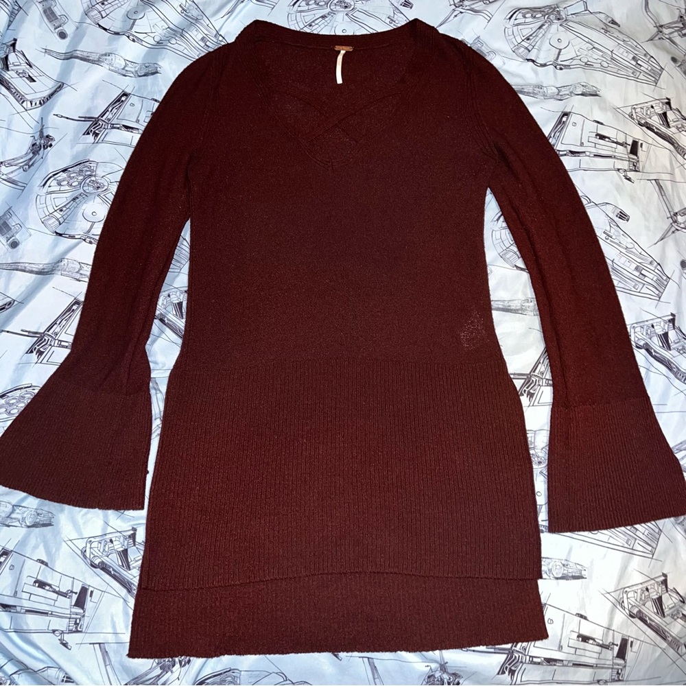 Free People Burgundy Criss Cross Tunic Sweater Dress - Picture 4 of 13